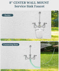 Commercial Mop Sink Faucet With Vacuum Breaker, Wall Mount Utility Sink Faucet, 8 Inch Adjustable Center shown with bucket and hose