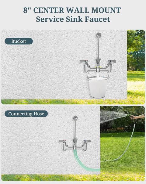Commercial Mop Sink Faucet With Vacuum Breaker, Wall Mount Utility Sink Faucet, 8 Inch Adjustable Center shown with bucket and hose