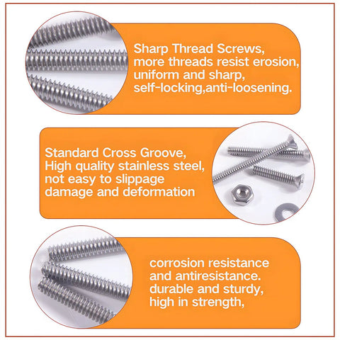 Hella Durable 4-40 Phillips Flat Head Machine Screws And Hex Nuts Assortment Kit Featuring 260 Pieces Of 304 Stainless Steel Countersunk Fasteners With Locking Washers close-up of sharp thread stainless screws and hex nuts for durable fastening.