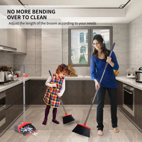 Extended Telescoping Broom And Dustpan Set With Adjustable Handle For Zero Bend Sweeping, used for easy cleaning in a kitchen.