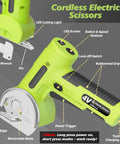 Close-up of Upgraded Cordless Electric Scissors With Wider Opening And Large 1.84 Inch Tungsten Blade For Heavy Duty Cardboard Cutting.