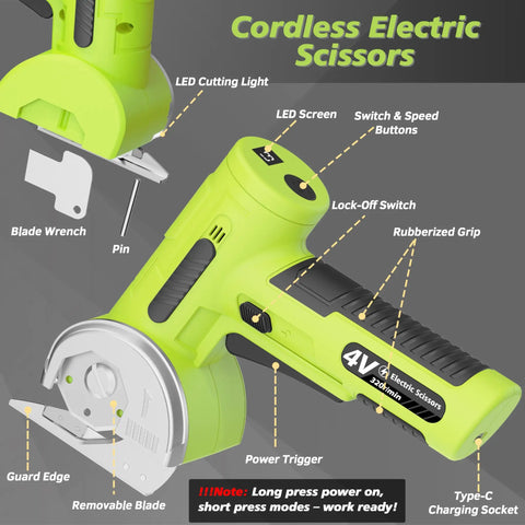 Close-up of Upgraded Cordless Electric Scissors With Wider Opening And Large 1.84 Inch Tungsten Blade For Heavy Duty Cardboard Cutting.