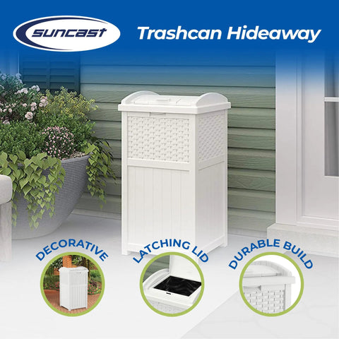 Hideaway Outdoor Trash Can With Lid 30 Gallon White Decorative Wicker Style Bin Made From Weather Resistant Resin That Hides Trash On The Patio Or Yard Fits 30 To 33 Gallon Bags Keeps Pests And Odors At Bay on patio