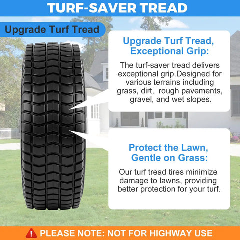 Close-up of tread on 2-Pack 4.10 By 3.50 4 Flat Free Tire And Wheel Set for hand trucks and garden carts, featuring turf-saver grip.
