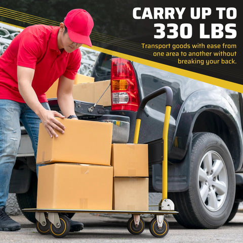 Man using Heavy Duty Foldable Push Cart Dolly 330 Lb Capacity With Upgraded Collapsible Hand Truck Folding Platform