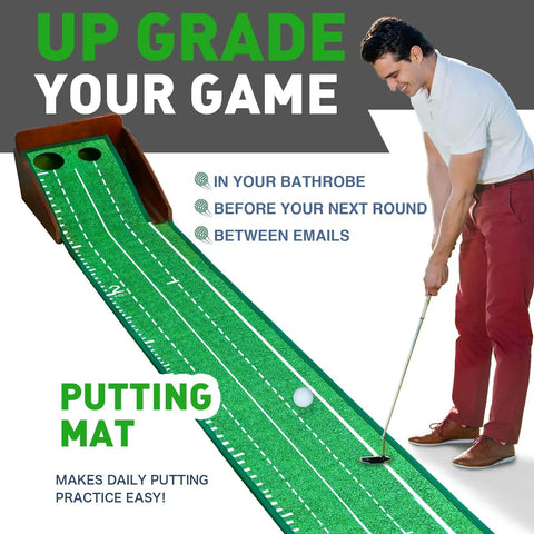 Indoor Putting Green With Automatic Ball Return, solid wood frame, man practicing putting, realistic roll, no hump design.