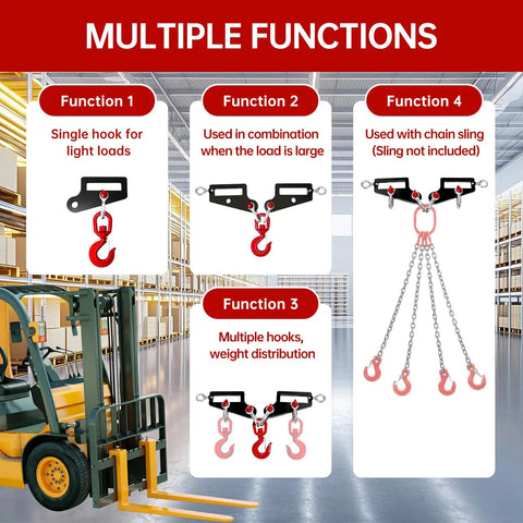 Heavy Duty Twin Forklift Lifting Hooks Featuring Bold Swivel Heads And Tight Mounting Bolts For Standard Tractor Or Garage Forks No Fuss Setup solidly shown with multiple uses.