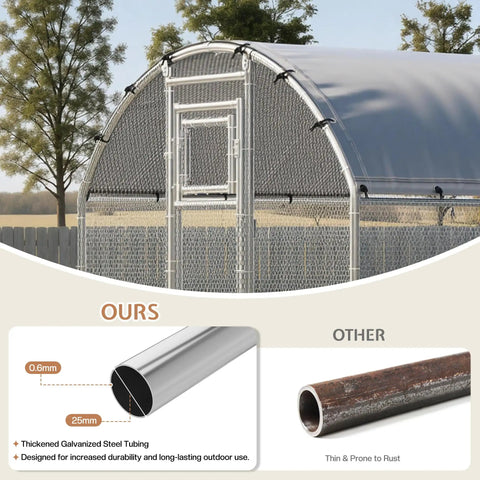 26 By 10 Ft Extra Large Walk In Chicken Coop With Dome Roof Front And Rear Doors Feeding Door Roosting Ladder Outdoor Poultry Cage With Galvanized Steel Frame Easy Standing Room For 16 To 25 Hens Easy Clean Backyard Ready Coop showing galvanized steel tubing comparison with competitor rusted tubing