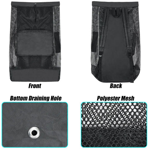 Front and back view of Extra Large Mesh Dive Bag For Scuba Gear And Water Sports, showing bottom draining hole and polyester mesh detail.