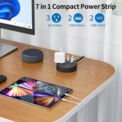 2 Prong To 3 Prong Outlet Adapter Power Strip With 180 Degree Rotating Plug on desk powering tablet and devices