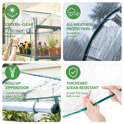 Four Tier Mini Greenhouse With Clear PVC Cover And Steel Frame Portable Plug And Play Indoor Outdoor Grow House For Seedlings Herbs And Small Plants Easy Setup And Year Round Use