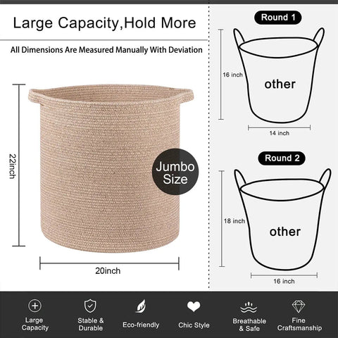 Size comparison of Dope Rope Laundry Basket With Handles For Living Room Storage, modern woven bin with dimensions 18x16 inches.