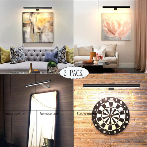 2 Pack Wireless Picture Lights With Remote Battery Operated 16.5 Inch Dimmable Timer Full Metal Magnetic Display Light illuminating artworks and dartboard