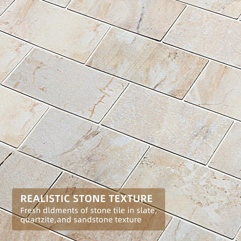 Peel And Stick Backsplash Tile 10 Sheets Brick Stone Look For Kitchen Bathroom Stove Fireplace Camper Sandstone Beige 12x12 Inch Self Adhesive Wall Tile That Sticks Like A Boss And Cuts Easy showing realistic stone texture in sandstone beige.