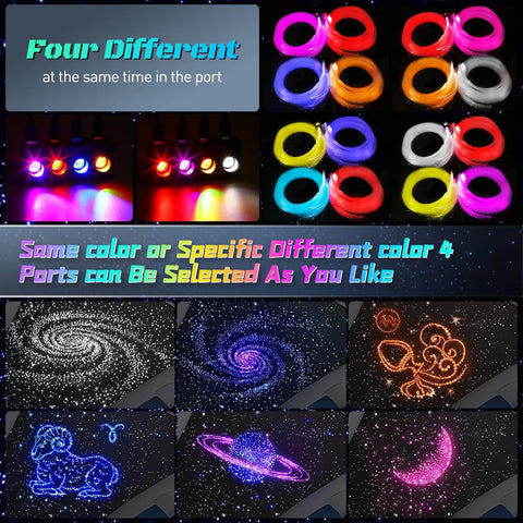 Split 4 Color 12W Car Starlight Headliner Kit With 1000 Fiber Optic Strands, app/RF controls, mixed color options displayed