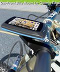 Out Front Bike Mount For Edge GPS Computers with Extended Handlebar Arm on road bike, securing device in place.