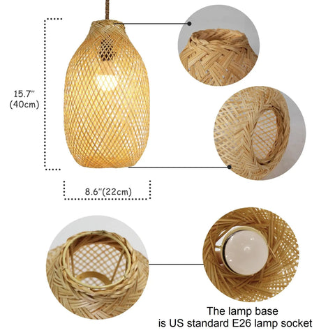 Rustic Bamboo Lamp Cage Pendant Light Shade With Included Dimmable 40W LED Bulb, Natural Finish, Basket Design, Dimensions D8.6 x H15.7.