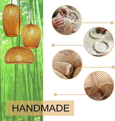 Bamboo Wicker Rattan Three Head Ceiling Light Fixture With E26 And E27 Base Retro Rustic Farmhouse Chandelier with handmade details