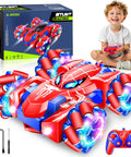 Front view of GDRic Spider RC car with red/blue body, LED lights, 4WD; includes remote and USB charger.