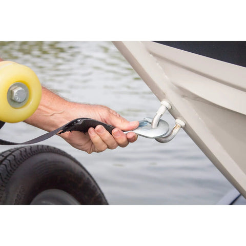 Beefy 2 Inch Heavy Duty Winch Strap With Hook, 25 Feet Long, 4000 Lbs Break Strength, Fits Winches Up To 2600 Lbs, 150 Percent Rating, Perfect For Trucks, Trailers, Off Road Recovery. Hand attaching winch strap hook to boat trailer anchor.