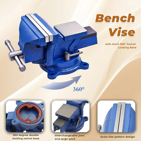 Heavy Duty Bench Vise With Anvil And 360 Degree Swivel Locking Base For A Real Workhorse Clamping In Home Shops Or Industrial Settings, 5 Inch Jaw, cast iron with steel handle