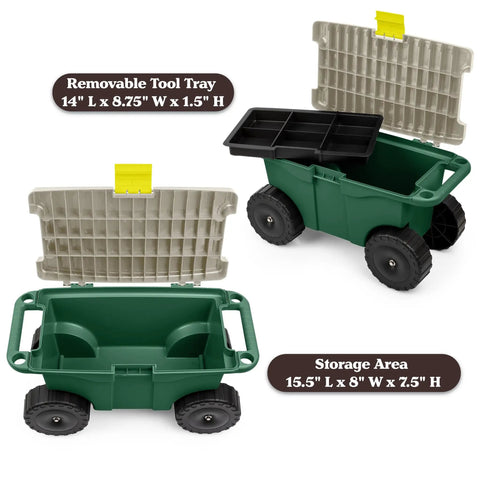 Rolling Garden Cart With Seat And Interior Tool Tray Green Plastic Garden Bench On Wheels For Easier Weeding Planting And Light Transport Includes Built In Storage For Tools And Supplies No More Crawling Or Kneeling showing open tool tray and storage area