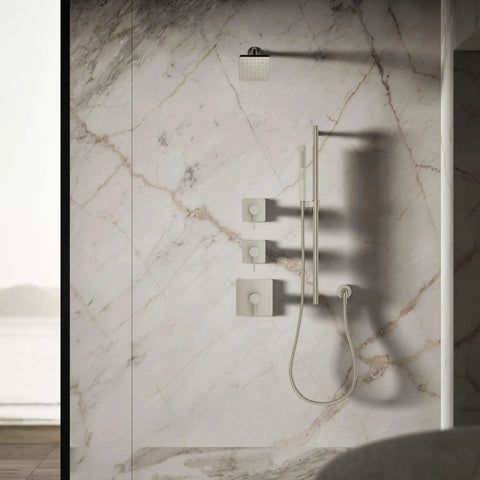 Parallel Single Function Showerhead In Vibrant Brushed Nickel, 2.5 GPM At 45 PSI, mounted on marble wall with hose attachment