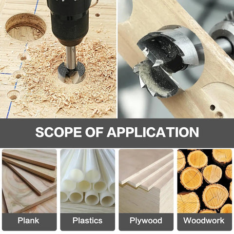 Premium 12 Piece Forstner Bit Set Crafted From Hardened High Speed Steel Precision Wood Drilling Tools shown drilling into plank and plywood.