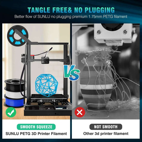 Comparison of PetG 3D Printer Filament 1.75mm Two Spools 2Kg Pack with smooth print vs tangled print