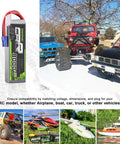 Two Pack 8000mAh 7.4V 130C LiPo RC Batteries with EC5 Connector, shown alongside RC cars, truck, plane, and boat models.