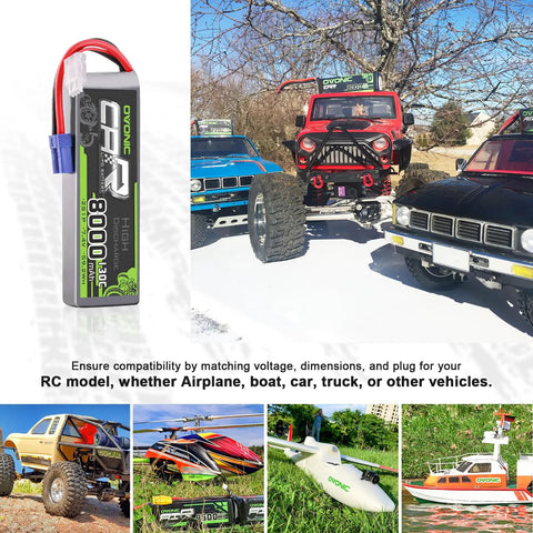 Two Pack 8000mAh 7.4V 130C LiPo RC Batteries with EC5 Connector, shown alongside RC cars, truck, plane, and boat models.