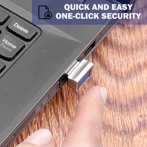 Portable Biometric Fingerprint Scanner USB Key for Quick Password Free Sign In on Windows 10 plugged into laptop