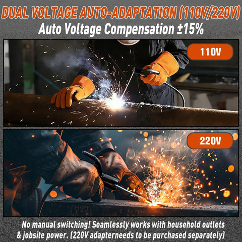 Dual Voltage Arc Welder For 110V Or 220V, 250 Amp Portable IGBT Inverter Welder in action with sparks at 110V and 220V settings