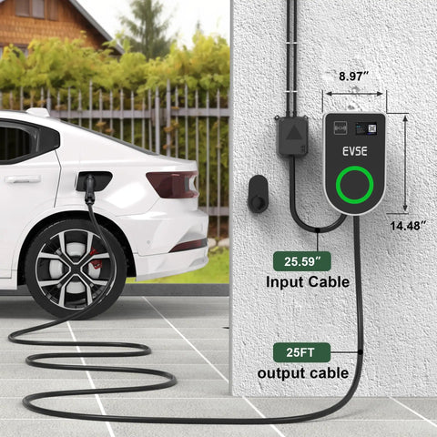 Beast Level 2 EV Charger J1772 48 Amp Hardwired Home Charging Station with car and cable measurement details