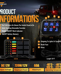 Slick 6 Gang Touch Control Switch Panel With Automatic Dimmable LED Backlight And Built In Relay System For Car Truck Jeep SUV Boat UTV Wiring Hella Smooth Upgrade Your Ride Today, showing features and dimensions.