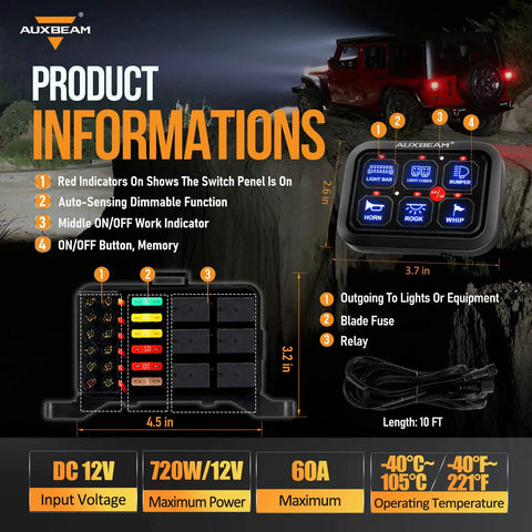 Slick 6 Gang Touch Control Switch Panel With Automatic Dimmable LED Backlight And Built In Relay System For Car Truck Jeep SUV Boat UTV Wiring Hella Smooth Upgrade Your Ride Today, showing features and dimensions.