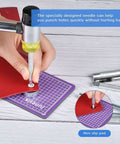 Person using 14-Piece Rivet Setter Kit For Leather Work Pro-Grade Stainless Steel Snap Rivet Tools on red leather with non-slip base.