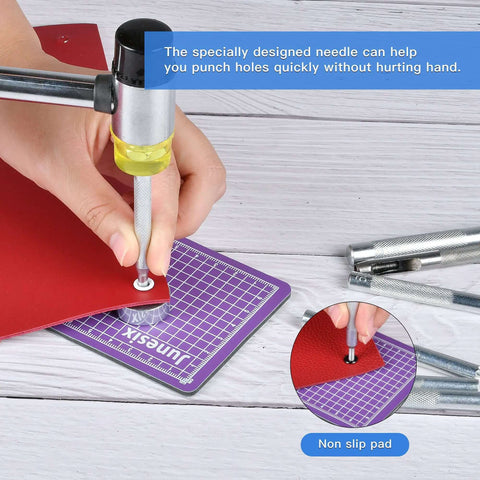 Person using 14-Piece Rivet Setter Kit For Leather Work Pro-Grade Stainless Steel Snap Rivet Tools on red leather with non-slip base.