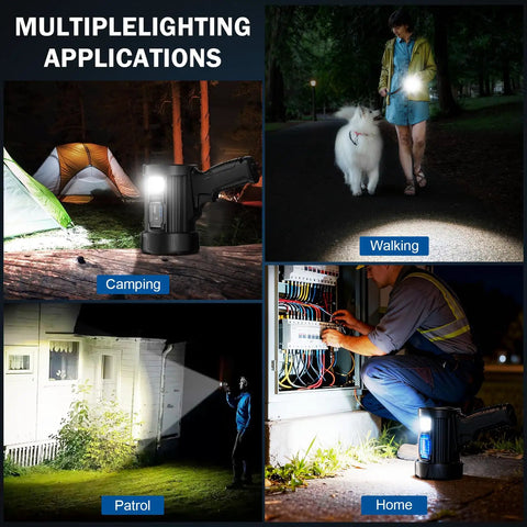 Beast Bright 2,000,000 Lumens Rechargeable Spotlight With Solar USB Dual Charging Handheld LED Spot Light shown in use for various activities.