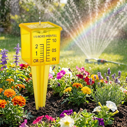 Four Pack Outdoor Rain Gauge With Wide Mouth 1.5 Inch Markings Ground Stake Yard Garden Sprinkler Irrigation Tool in flower bed