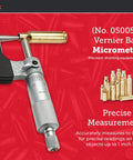 Vernier Ball Micrometer 050059 with cartridge, precision to 0.0001 inch, 1 inch range, reloading tool on red background.