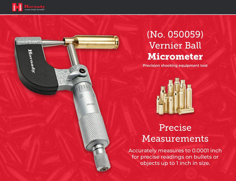 Vernier Ball Micrometer 050059 with cartridge, precision to 0.0001 inch, 1 inch range, reloading tool on red background.