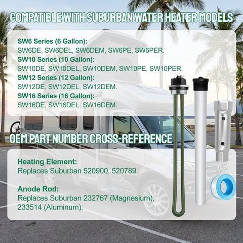 Beefed-Up RV Water Heater Elements Kit For Suburban SW Series Electric Water Heaters with components displayed.