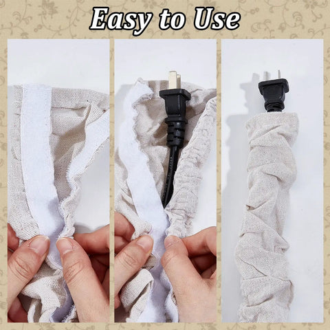 Hands using Premium White Fabric Chandelier Cord Covers to neatly wrap an electrical cord for clean ceiling aesthetics.