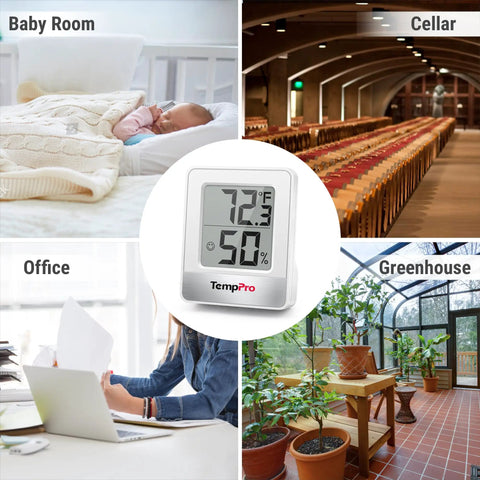 3 Pack Digital Hygrometer Kit With Indoor Outdoor Temperature And Humidity Monitor, Mini Hygrometer Weather Station shown in various settings.