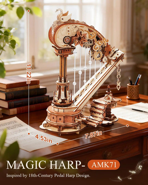 3D Wooden Harp Music Box Kit For Adults, Self Playing Mechanical Puzzle on a wooden table displaying intricate design details