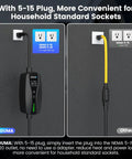 Plug And Play Level 1 And 2 Ev Charger With Adjustable 16 Amp Current and J1772 Connector for BEVs and PHEVs connected to a NEMA 5-15 socket.