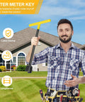 Water Meter Key 17 Inch With 4 Way Steel T Handle Shut Off Tool For Curb Main And Underground Mains Easy Access Durable Meter Shutoff Kit For Homeowners And Pros Heavy Duty Construction, man holding key