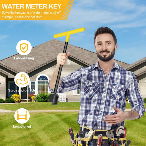 Water Meter Key 17 Inch With 4 Way Steel T Handle Shut Off Tool For Curb Main And Underground Mains Easy Access Durable Meter Shutoff Kit For Homeowners And Pros Heavy Duty Construction, man holding key