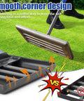 Heavy Duty Lawn Leveling Rake With Extra Long 60 Inch Handle And 18 By 10 Inch Ground Plate For Easy Soil Leveling Smooth Turf Level Ground Surfaces Fast Rakes For Lawns Iron Metal Black close-up on grass